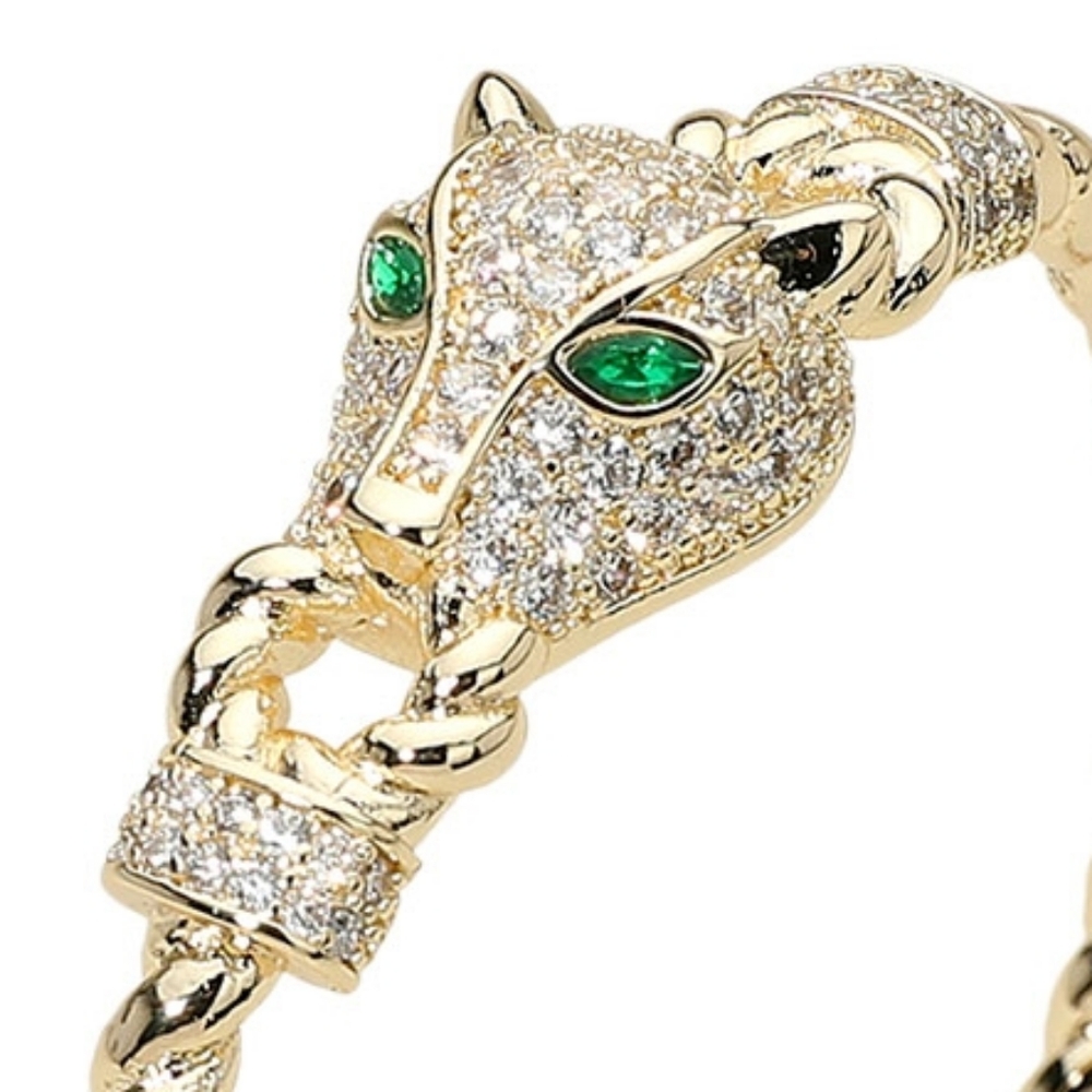 14K Gold Panther Head Metal Cuff Bangle Hinged Statement Bracelet Animal Leopard - Picture 3 of 4